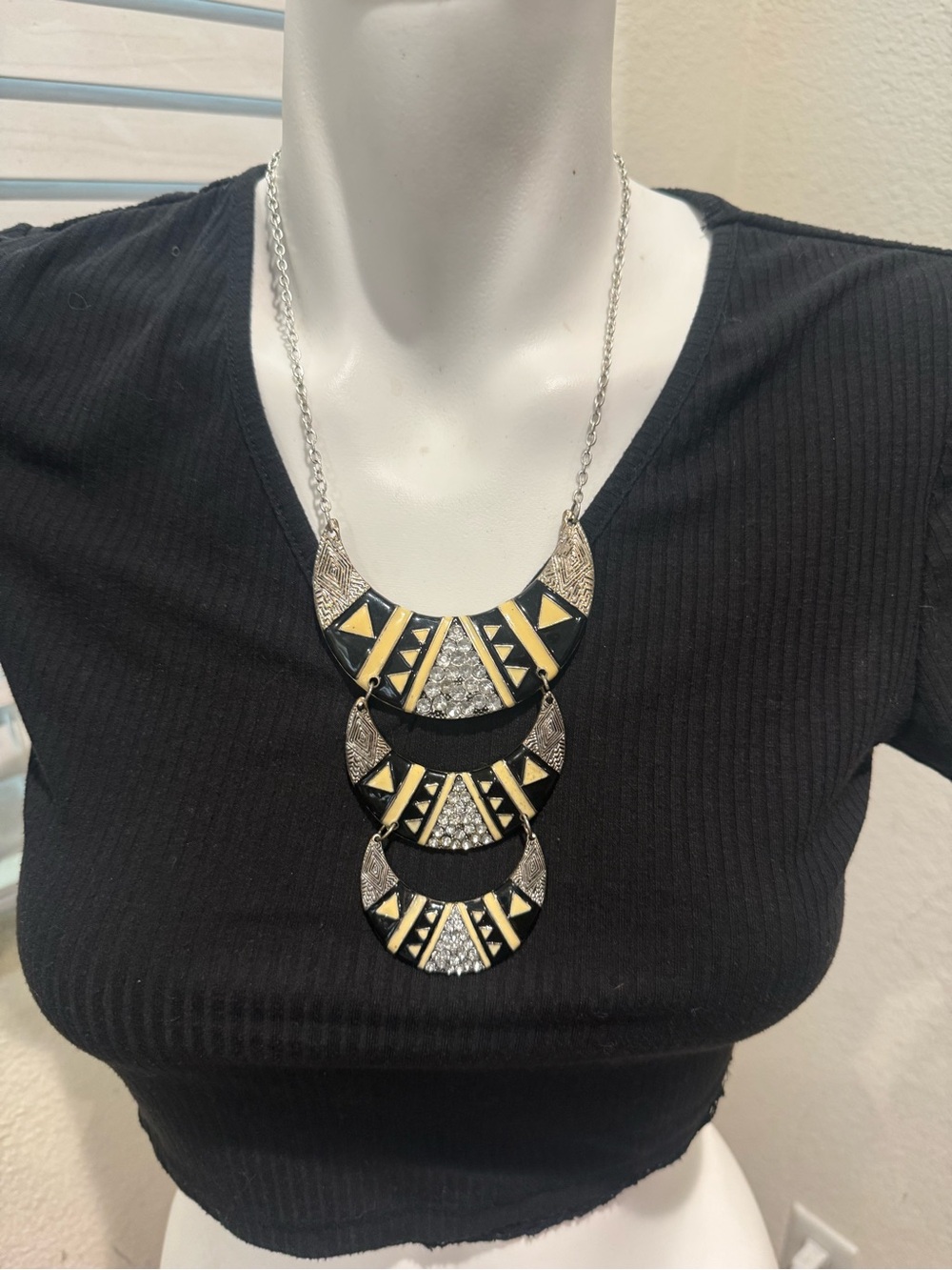 Triple-Tier‎ Geometric Statement Necklace in Black, Gold & Silver
